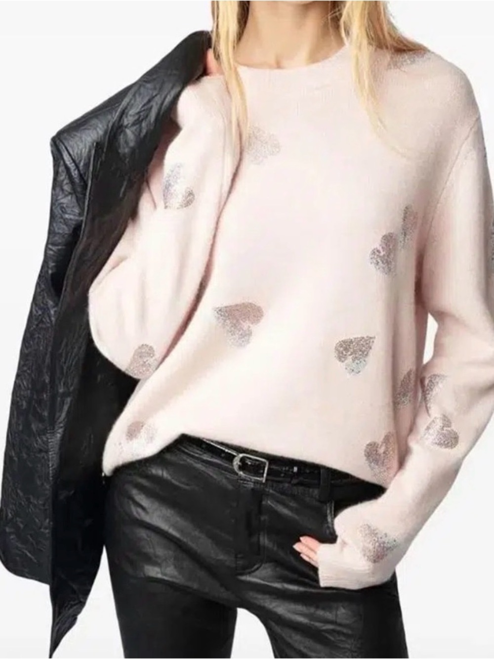 Zadig and Voltaire Pravis rhinestone hearts cashmere pink sweater small